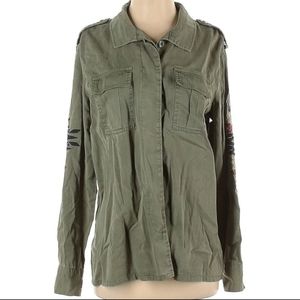 Saks Fifth Avenue Olive Green Aztec‎ Embroidered Tencel Button Down Shirt S